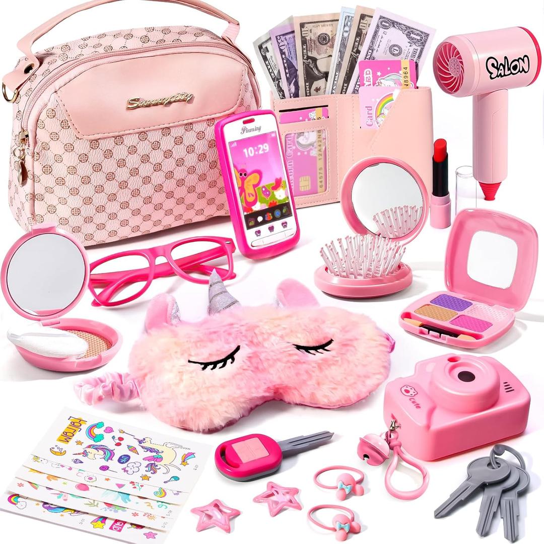 Little Girl Purse with Pretend Makeup for Toddler 3-5,Princess Pretend Play Toys for Ages 5-7,Kids Fake Makeup Sets Includes Toddler Purse, Phone, Camera,Baby Girl Birthday Gift 4-6 6-8