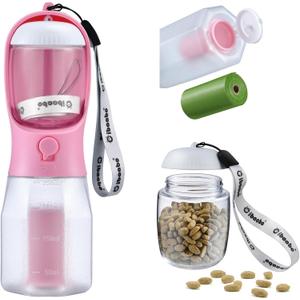 Dog Water Bottle with Food Container & Poop Bag Holder, Travel Water Bowl, Portable Pet Dispenser, Dog Gifts Stuff Accessories Items, Puppy Essentials for Yorkie Chihuahua Walking Hiking (12oz, #04 Pink)