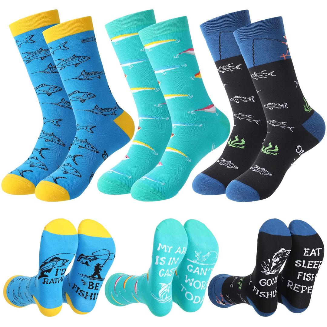 3 Pairs Funny Fishing Socks for Men Novelty Cotton Dress Crew Sock