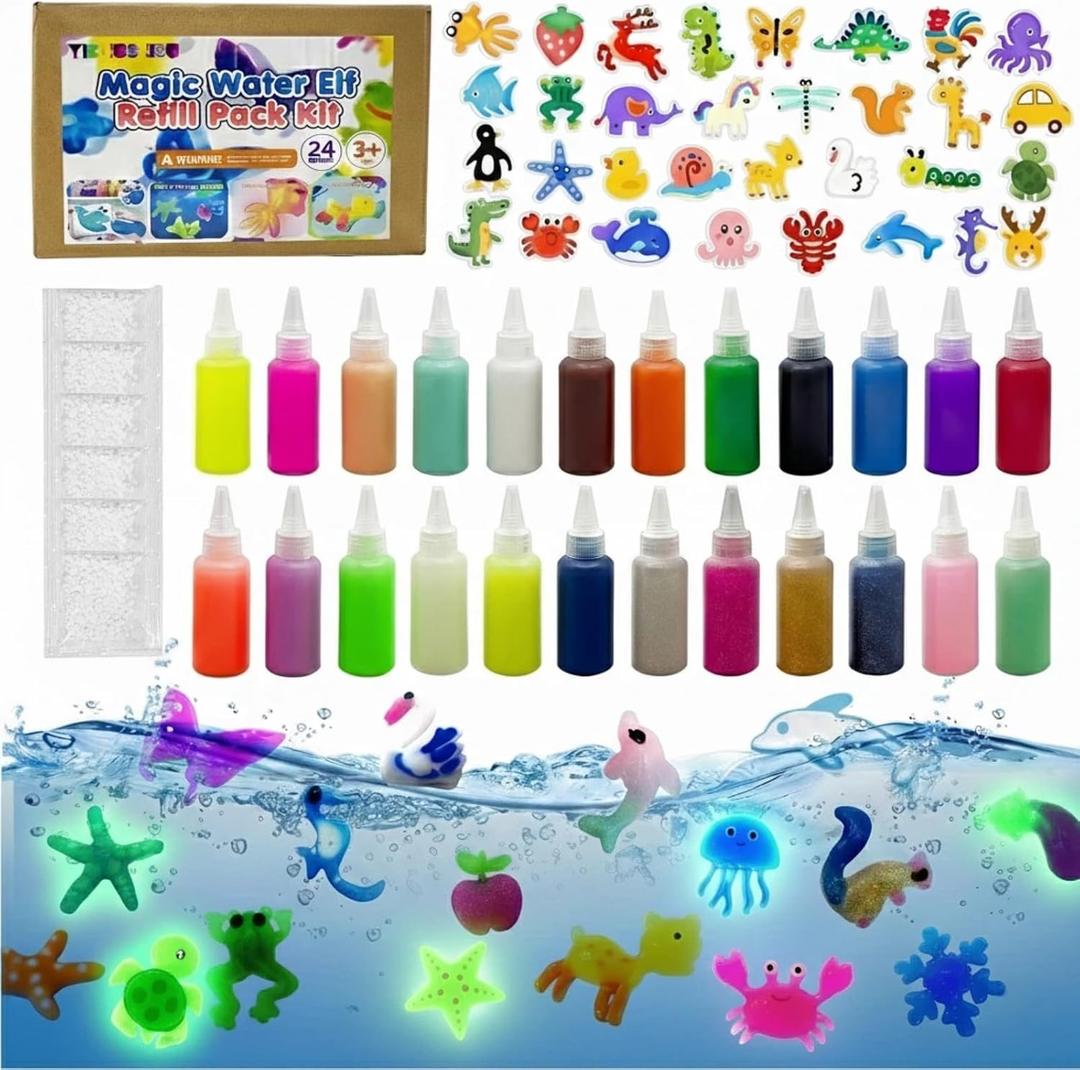 Glow Magic Elves Refills-24 Colors Gel & 32 Molds Water Elves Kit Magic Gel Refills - Non-Toxic DIY STEM Toy for Focus & Fine Motor Skills - Indoor Activity (12 Solid+6 Glow+4 Sparkling+2 Pearlescent)