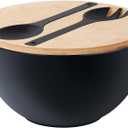 11.3" Extra Large Salad Bowl with Wooden Lid & Servers, 208Oz, Oversized Bamboo Fiber Salad Serving Set with Utensils for Home/ Kitchen, Big Lightweight Bowl for Mixing Salad, Fruit, Pasta - Matte Black