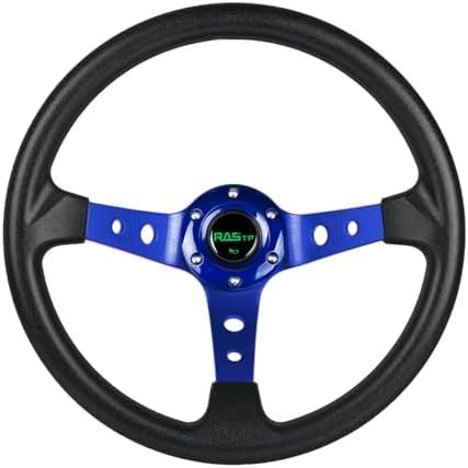 RASTP Universal Racing Steering Wheel,Drifting Deep Dish Steering Wheel 13.8”/350mm 6 Bolts Grip Vinyl Leather & Aluminum with Horn Button for Car -Blue