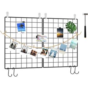 C&AHOME Photo Wall Grid Panel Set of 2, Decor Grid Panel, Photo Display Shelves, Hooks, Clips, Hemp Cord, Hammer, 15.7" 11.8", Black UWWGM3402B