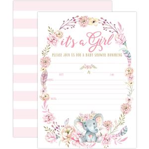 Your Main Event Prints Elephant Girl Baby Shower Invitations - Pink Floral Theme - It's a Girl Baby Sprinkle Invites - 20 Fill-In Cards - Envelopes Not Included
