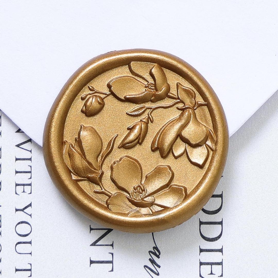 UNIQOOO Wax Seal Stickers - 3D Magnolia Wedding Invitation Envelope Botanical Seal Stickers, 100 Pcs Self-Adhesive Antique Gold Stickers, Perfect for Invitation, Christmas, Gift Wrapping, Party