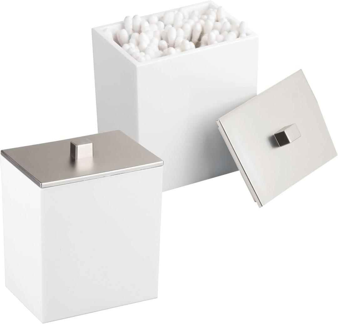 mDesign Plastic Rectangle Apothecary Canister - Organizer for Bathroom Vanity Countertop Shelf Decor - Holds Cotton Swabs, Soap, Makeup, Bath Salts - Lumiere Collection - 2 Pack - White/Brushed Chrome