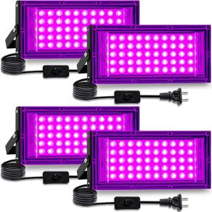 50W 4Pack Black Light for Glow Party, IP65 Waterproof,385-400nm Wavelength,with Plug and Switch,for Halloween Decorations,Body Painting,Birthday Party,Classroom,Stage Lighting