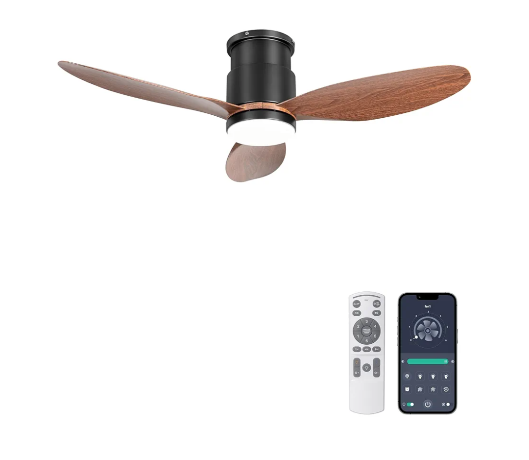Ohniyou 42'' Low Profile Ceiling Fans with Lights, Remote/App Control, Dimmable, Quiet Indoor/Outdoor Ceiling Fan for Covered Patio, Bedroom, Kitchen, Walnut Color