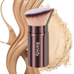 Makeup Brush Kabuki Face Brushes Retractable Travel Blush Kabuki Brush Portable Flawless for Foundation, Powder Blush, Bronzer, Buffing, Liquid, Cream, Cruelty Free with Cover(Brown)