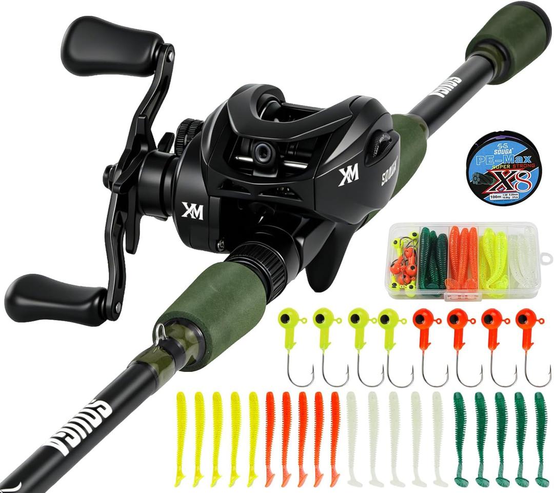 SOUGA Fishing Rod and Baitcaster Reel Combo, 6ft Medium 2-Piece Casting Rod with 6.4:1 Baitcasting Reel Combos, 100m Braided Line, EVA Handle, Jig Heads & Soft Lures for Freshwater Bass Fishing, One Size