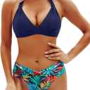 Yonique Women Two Piece Bathing Suits Push Up Bikini Set Halter Swimsuit Vintage Swimwear (X-Large, Navy Blue Leaves)