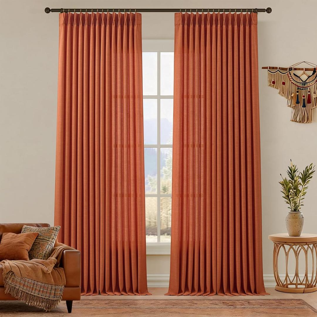 Extra Long 120 Inches Pinch Pleated Linen Curtains for Living Room, High Ceiling to Floor 10 ft Drapes Tall Boho Window Burnt Orange Elegant Curtain 2 Panels Set for Bedroom Back Tab Top with Hooks