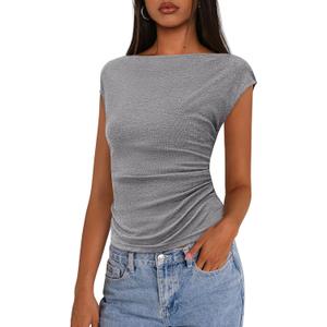 PRETTYGARDEN Women's Ruched Crop Tank Tops 2025 Summer Trendy Cap Sleeve Ribbed Knit Basic Fitted Going Out Tee Shirts (Grey,Medium)