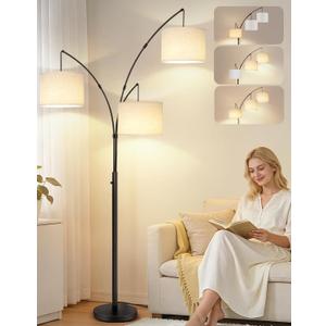 OUTON Arc Led Floor Lamp, Modern Black 3 Light Tall Floor Lamp for Bedroom, 2400lm Mid Century Adjustable Standing Corner Lamps for Living Room Office, 3 LED Bulbs Included, White Lampshade