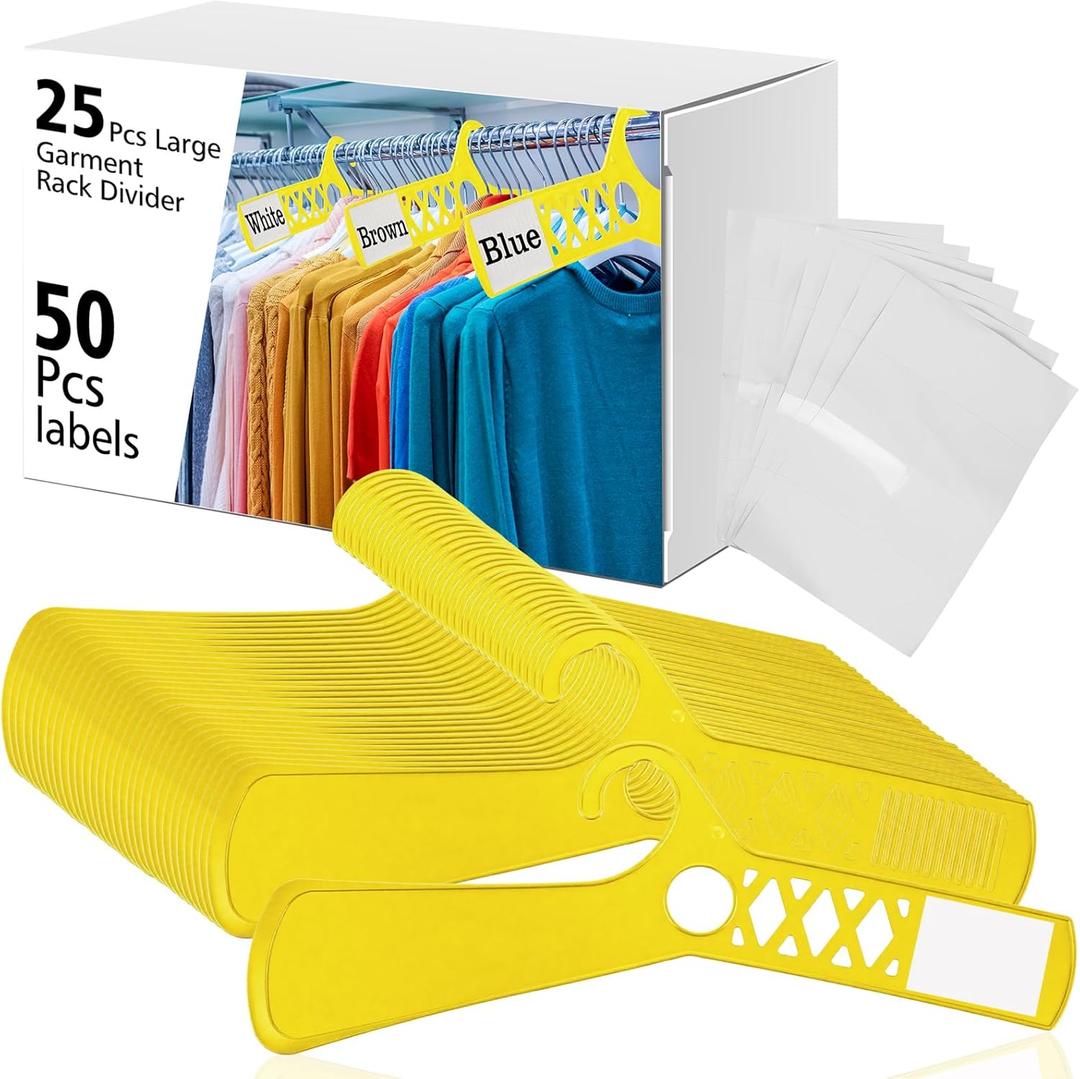 25 Pcs Large Closet Dividers and 50 Pcs White Blank Cards 18 Inch Clothing Rack Size Dividers for Hanging Clothes, Yellow Garment Rack Tag for Clothes Organization
