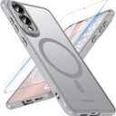 OWKEY for Samsung Galaxy S25 Edge Case 6.7'', Magnetic S25 Edge Case for Magsafe with Tempered Glass Screen, [Shockproof Military] Translucent Back Slim Bumper Cover Phone Case Galaxy s25 Edge, Gray