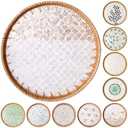 Round Rattan Tray with Mother of Pearl Inlay & Wooden Base - Decorative Wicker Serving Tray for Coffee/Bread/Fruits, Food Storage & Display - Multipurpose Home Decor (L,Fish Scales)