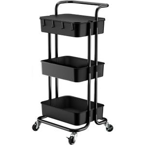 Pipishell 3 Tier Rolling Cart with Table Top, Utility Cart with Wheels & 4 Hooks, Rolling Storage Cart for Home Storage and Organization, Black, PIUC09B