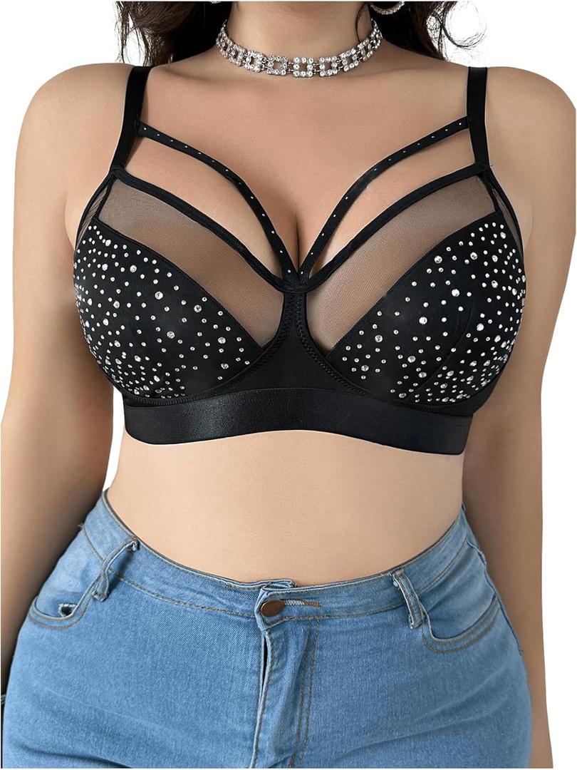 OYOANGLE Women's Plus Size Rhinestone Contrast Mesh Bras Wireless Cut Out Everyday Bralettes (X-Large Plus, Black)