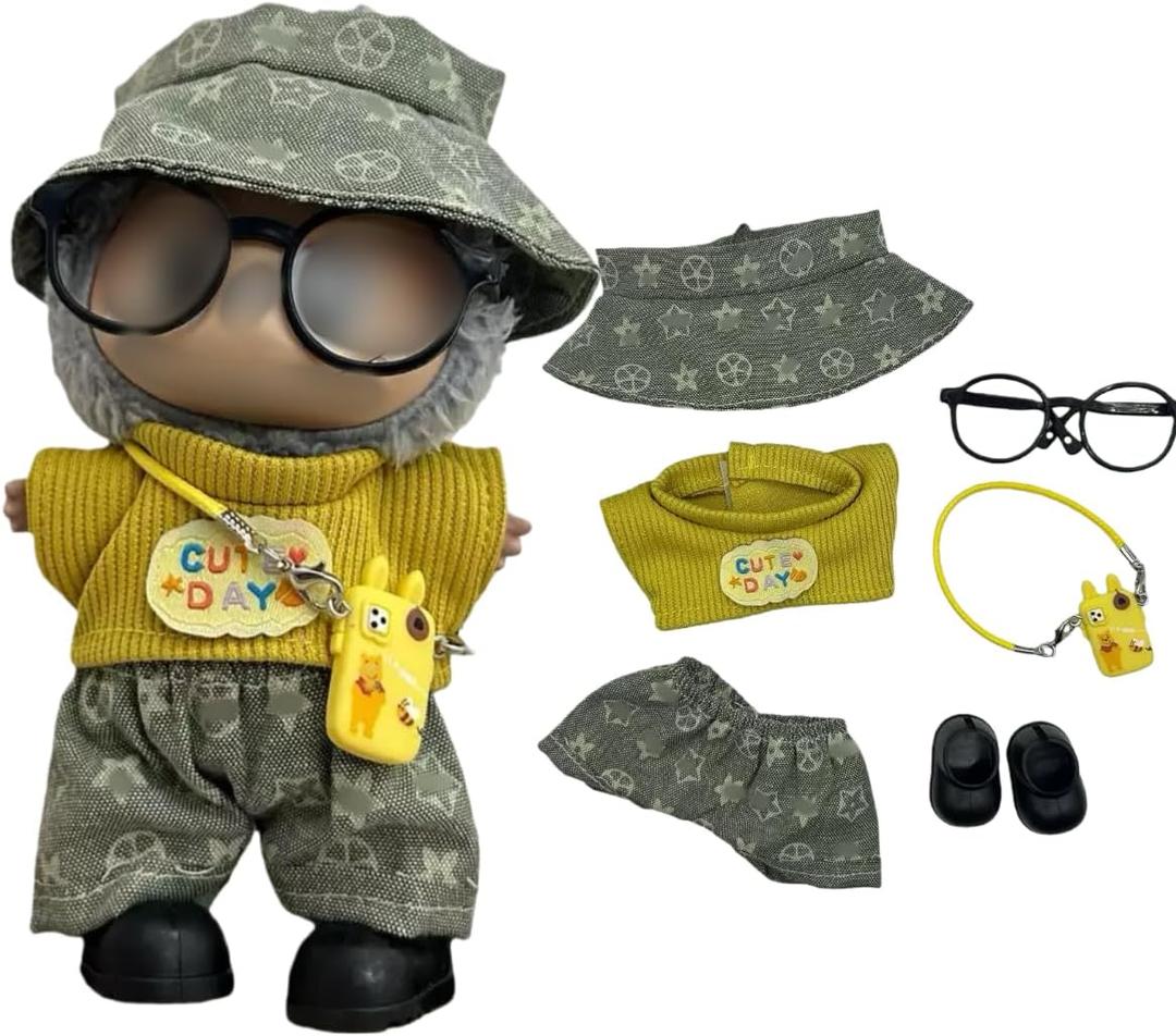 17cm Doll Clothes for lububu,Designer Clothes Suitable for lububu Dolls Outfits and Accessories Set,Including Top +Pants+Hat+Glass+Bag(Two Types of Random Distribution)+Shoes 6PCS,Not Doll(Yellow)