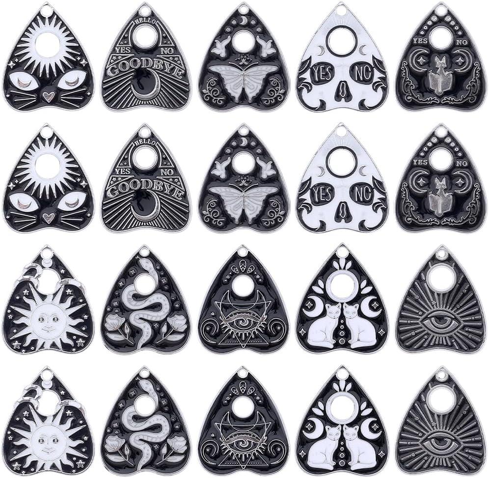 SUNNYCLUE 1 Box 20Pcs 10 Styles Tarot Charms Bulk Enamel Magic Charm Black Silver Alloy Cat Halloween Ouijas Heart Gothic Charm for Jewelry Making Charms DIY Supplies Bracelets Necklace Accessory