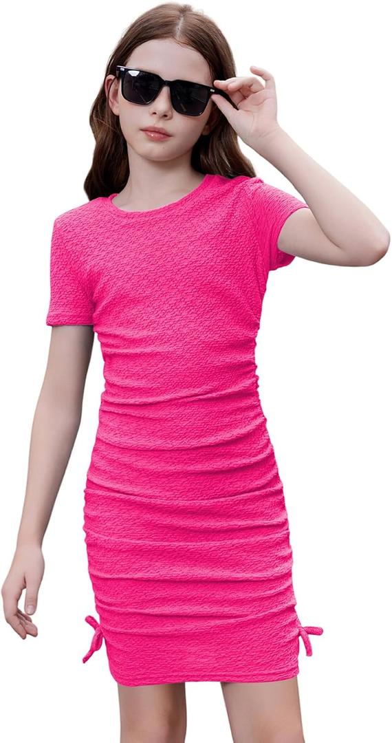 OYOANGLE Girl's Textured Drawstring Side Ruched Short Sleeve Bodycon Pencil Short Dress (Pink)
