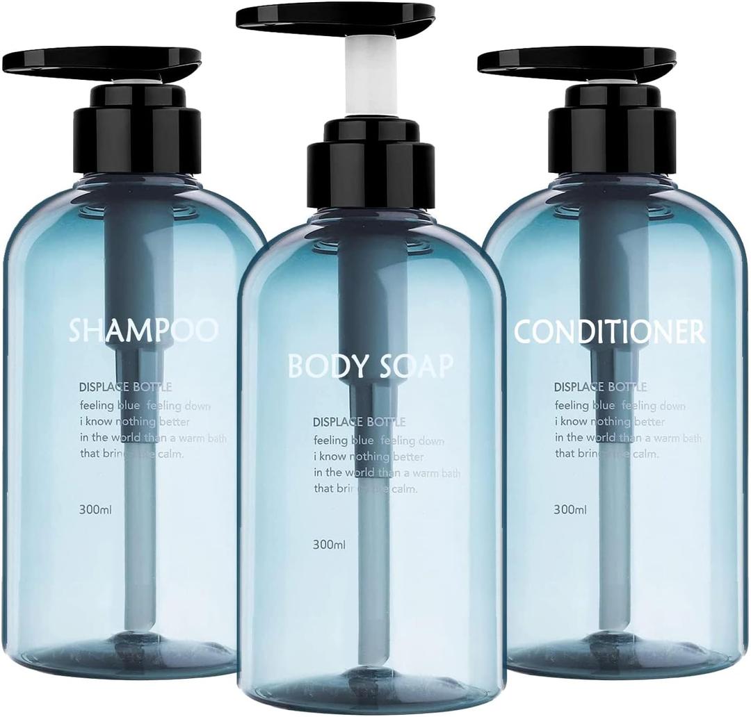 3pcs Refillable Shampoo and Conditioner Bottles, 16.9oz/500ml Shampoo Conditioner Body Wash Dispenser for Hotel Bathroom, 3pcs Plastic Shampoo Bottles with Pump (Blue)