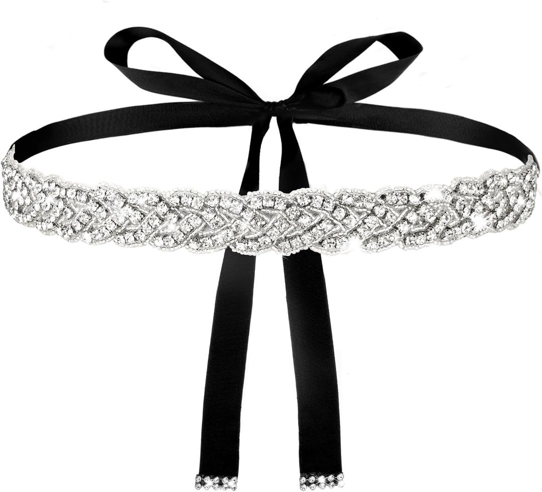 Bridal Wedding Waist Belt Silver Glitter Rhinestone Sash Belt Handmade Ribbon Crystal Belt for Bride Women