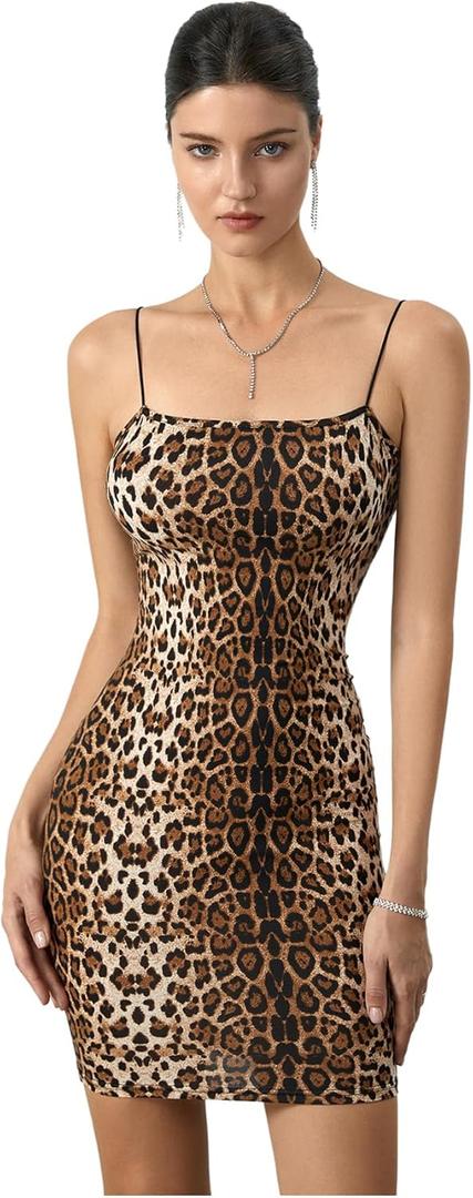 Women's Leopard Bodycon Dresses Y2K Vintage Spaghetti Strap Mini Cami Dress, S
