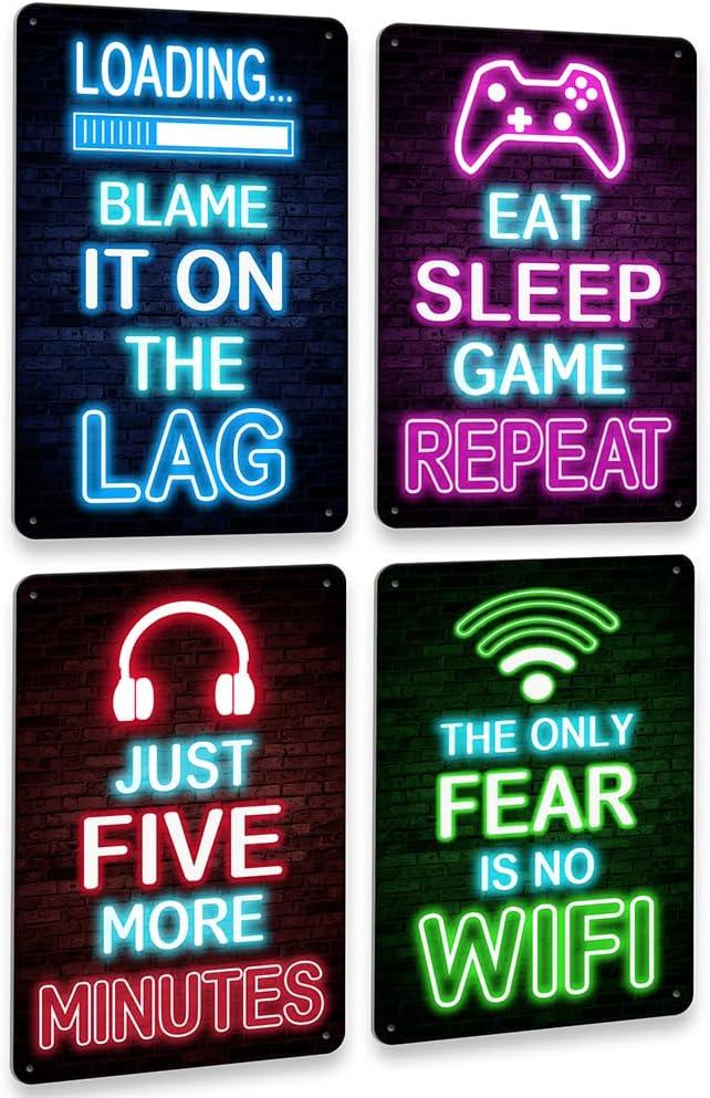 Drsoum Video Gamer Room Decor for Boys Gaming Wall Decor Neon Gaming Room Metal Sign 12 x 8 Inch Set of 4 - Gamer Wall Decor Teenage Boy Room Decor