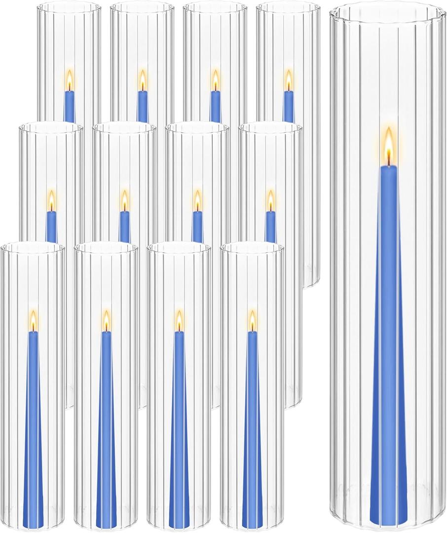 Hurricane Candle Holder Sleeve, Cylinder Candle Holders for Pillar Candles, D:3" H:16" Clear Ribbed Glass Candle Holder Set of 12, Open Ended Candle Shade for Centerpieces Wedding Table Decorations