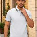 Men's Golf Polo Shirts Short Sleeve Striped Casual Polo Shirts for Men Dry Fit Tennis T-Shirt Tops (White, S)