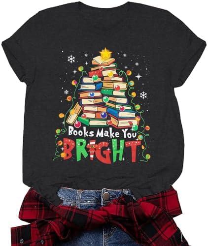 Christmas Shirts for Women Christmas Books Tree T-Shirt Santa Holiday Short Sleeve Tops Xmas Graphic Print T Shirt, Size S