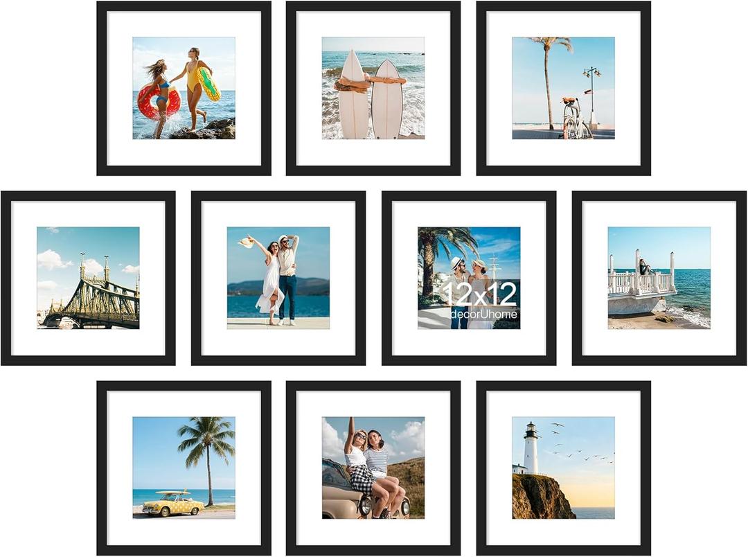 decorUhome 12x12 Picture Frame Set of 10, Display Photos 8x8 with Mat or 12x12 Unmatted for Picture Frames Collage Wall Decor, Black