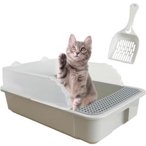 kathson Open Small Cat Litter Box with High Side,Anti-Splashing Kitten Litter Pan,Semi-Enclosed Removable Kitty Cat Toilet with Litter Sifting Scoop for Boxes Easy to Clean No Odor-Grey