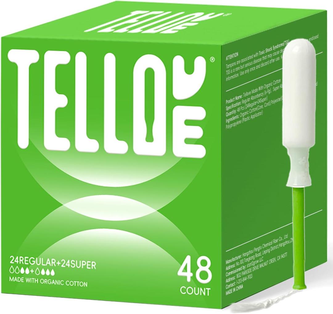 Tellove Tampons with 100% Organic Cotton Core, 48 Count (24 Regular, 24 Super), Featuring 360 Comfort-Expand Leakproof Technology with Comfort BPA-Free Long Applicator, Gentle on Sensitive Skin