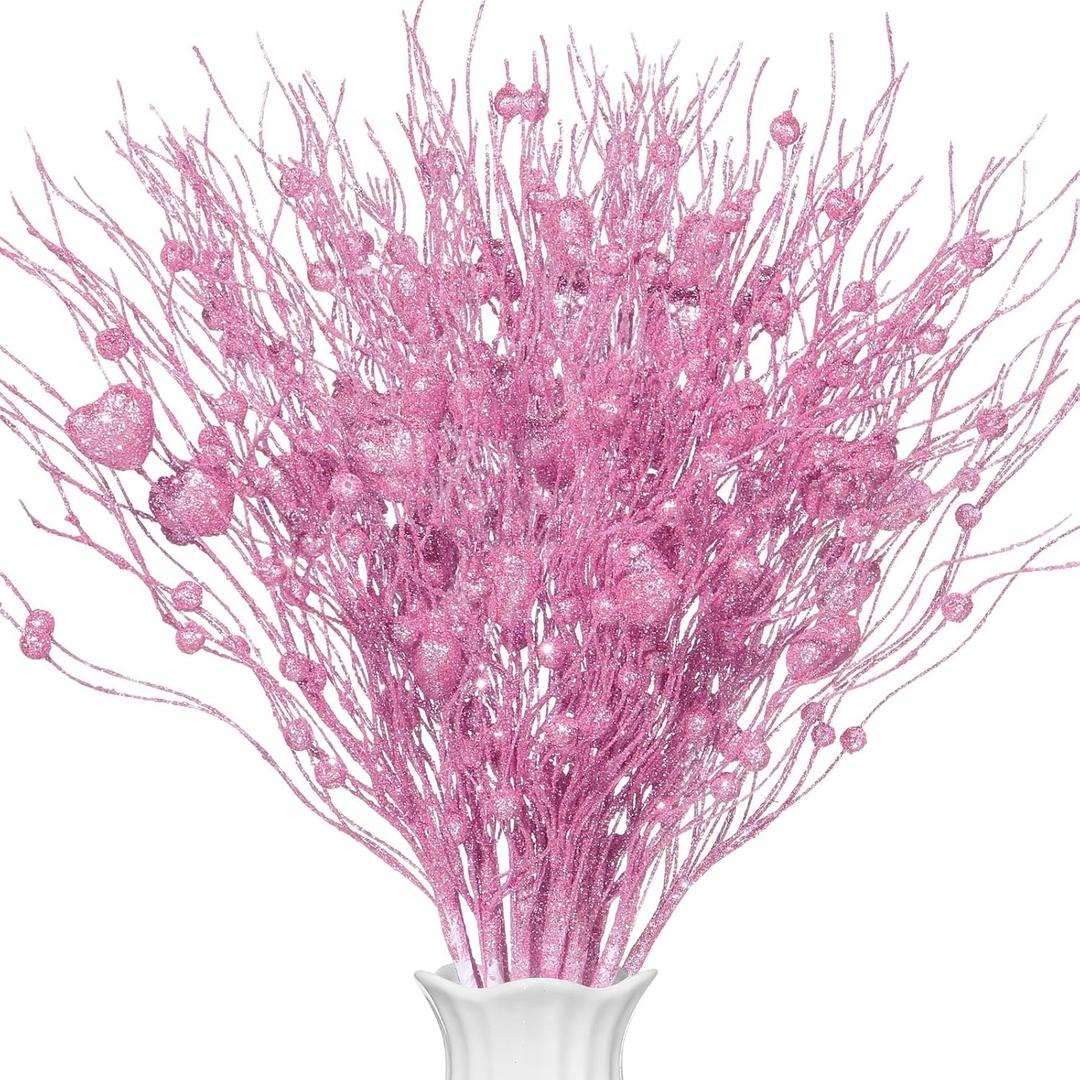 Geyoga 12 Pcs Floral Picks 16 Inch Glitter Heart Picks Bulk Red Pink Heart Shaped Berry Stem Picks for Tree Topper Wedding Table Vase Decor (Pink)