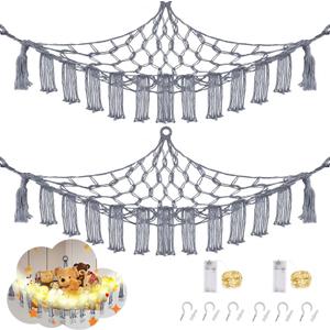 Stuffed Animal Hammock with LED Light, Large Stuffed Animals Storage Corner Plushie Net for Kids Room Decor, 2 Packs Grey