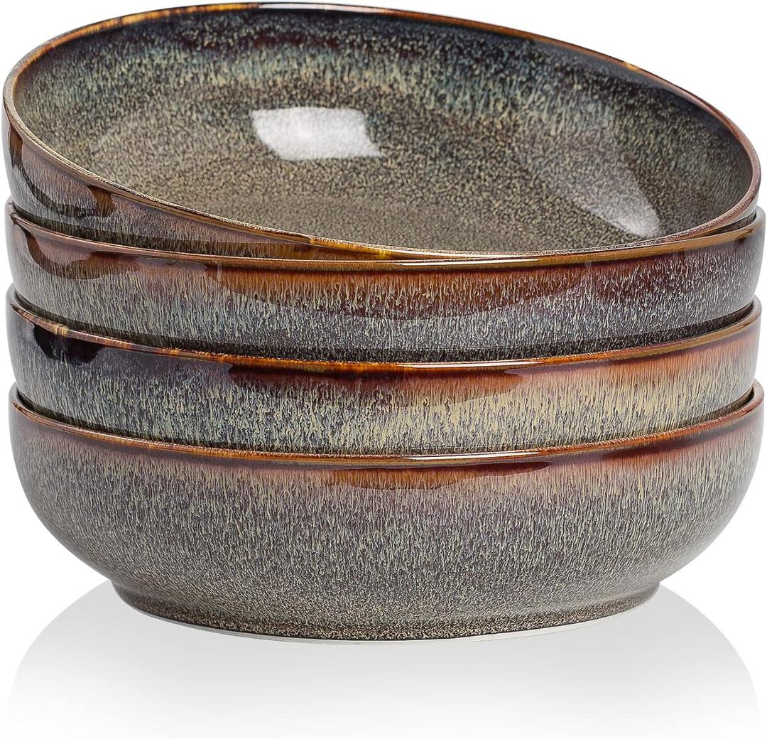 30oz Pasta bowls set - 8" serving bowls - salad bowl set of 4 - Large ceramic Dinner bowls - Microwave safe Perfect for Housewarming, Thanksgiving, Christmas-Caramel Brown