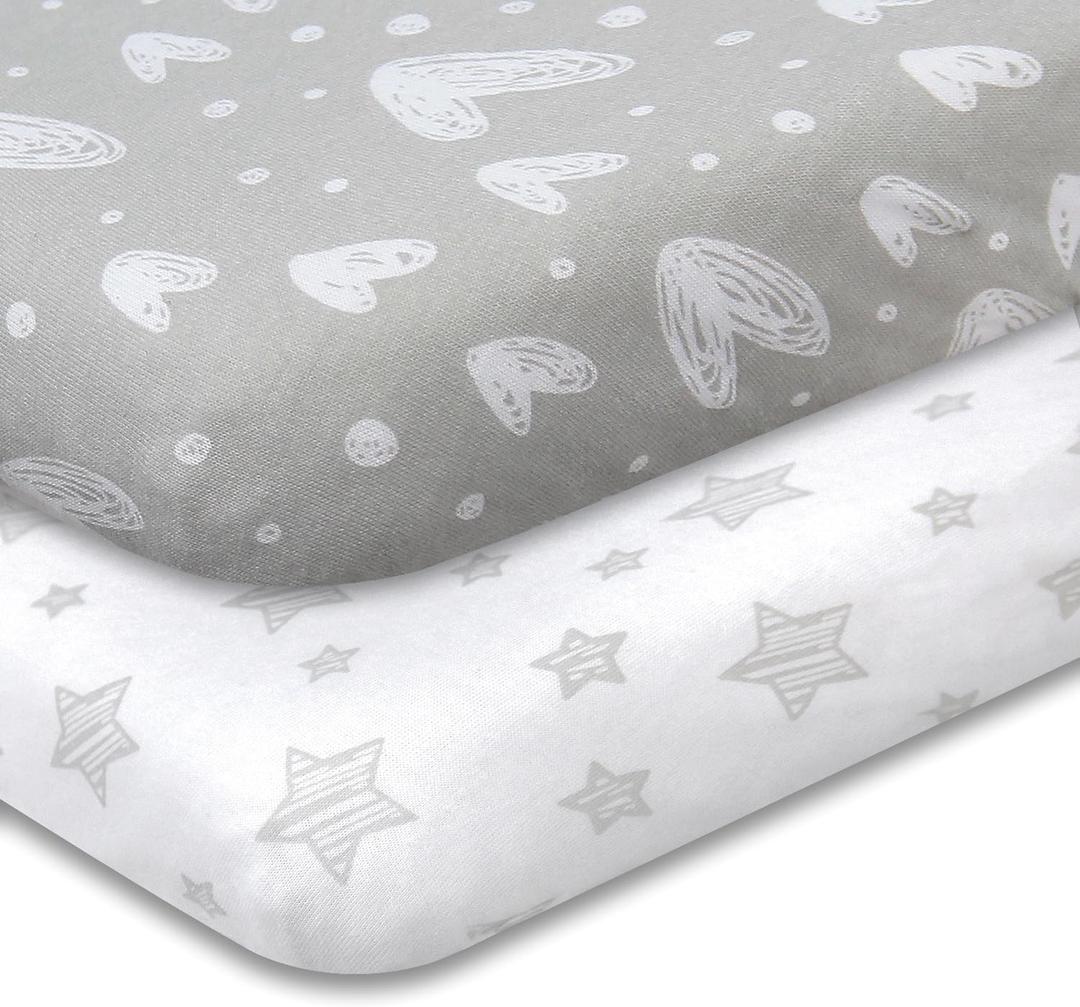 Biloban Crib Sheets Fitted, 2 Pack Crib Sheet Fits for Standard Crib and Toddler Mattress, 100% Jersey Knit Cotton Crib Sheet for Baby Boys & Girl, Star and Heart Print