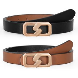 TRIWORKS Women Reversible Leather Belt for Jeans, Ladies Waist Belt with Gold Buckle 0.9" Width (Black)