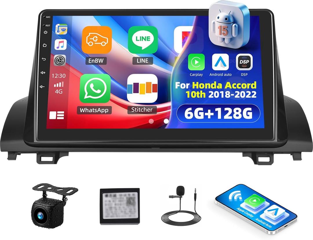 [6G+128G] Android 15 Car Stereo for Honda Accord 10th 2018-2022 with Wireless CarPlay Android Auto,10.1" Touchscreen Car Radio with Mirror Link Voice Control WiFi/GPS,Bluetooth,FM/RDS+Backup Camera