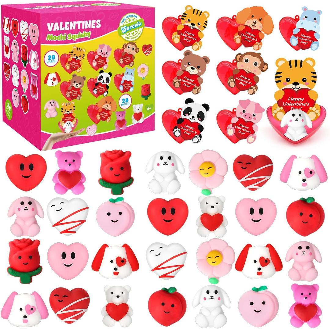 28 Pack Valentine Mochi Squishies Gifts for Kids, Greeting Cards and Mochi Squishies Filled Hearts Kawaii Squishies Stress Relief Fidget Toys Classroom Exchange Party Favors Prizes Gifts
