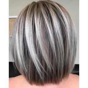 RENERSHOW Medium Length Bob Wig with Bangs for White Women Layered Blonde Balayage Bob Straight Hair Wig Natural Synthetic Hair Replacement Wig Ombre Platinum with Brown Wig