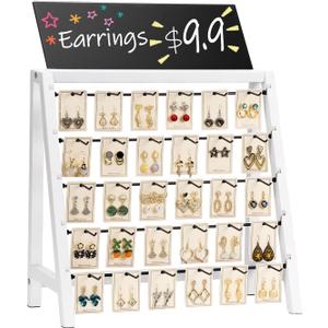 Jewelry Display for Vendors Selling, 30 Hooks Wood Earring Display for Vendors for Bracelet Earring with Adversitsing Board, Large Capacity Earring Display Stands Rack for Earring Cards (Weathered White)