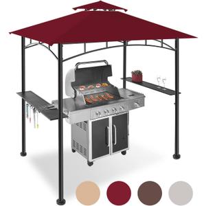 FAB BASED 5x8 Grill Gazebo, All-Weather Steel Construction, Double Tiered & Resistance Canopy Roof, Metal Serving Shelves, 2 LED and Bottle Opener for Patio, Backyard, BBQ (Burgundy)