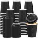 BYSNOW 50 Pack 12 oz Coffee Cups with Lids, Disposable Insulated Hot Cups To Go Paper Coffee Cups, Corrugated Ripple Wall Cup for Hot Drink, Office, Coffee Bar (Black 12 oz)