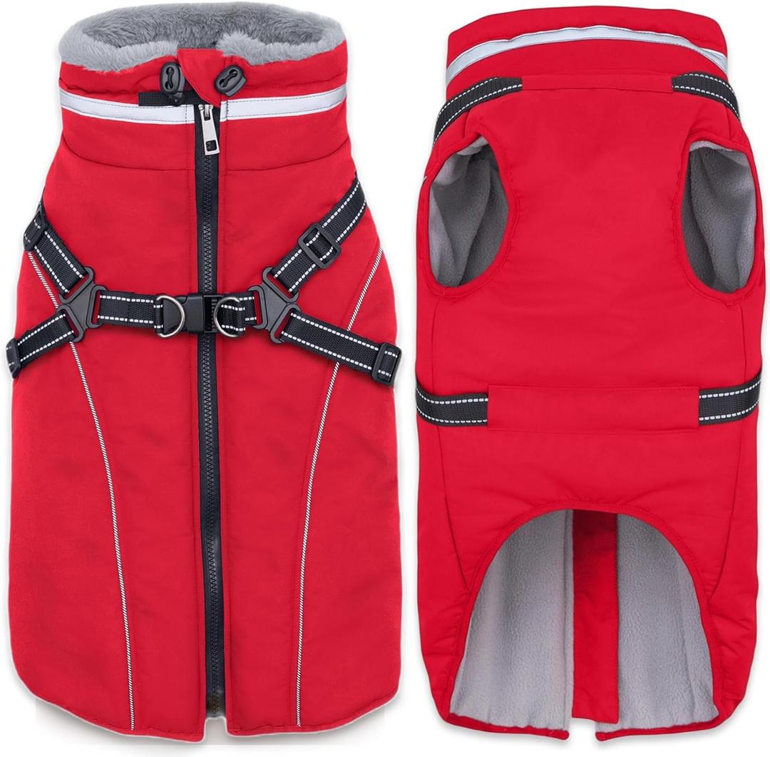 Fragralley Dog Coat with Harness Built in, Waterproof Windproof Reflective Warm Puffer Jacket, Fleece Lined Vest Winter Parka for Small, Medium, Large Dogs (Red)