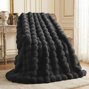 L'AGRATY Faux Rabbit Fur Blanket: 60" x 80" Twin Luxury Soft Fluffy Thick Fur Throw Blanket for Couch Bed Sofa - Cozy Plush Bubble Blankets for Winter: Flannel Fleece Decorative Blanket(Black)