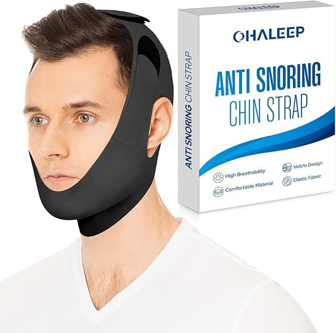 OHELEEP Anti Snore Chin Strap for CPAP Users, Snore Stopper Adjustable, Chin Strap for Sleeping Comfortable Stop Snoring Solution, Anti Snoring Devices Breathable and Reusable, Black, M